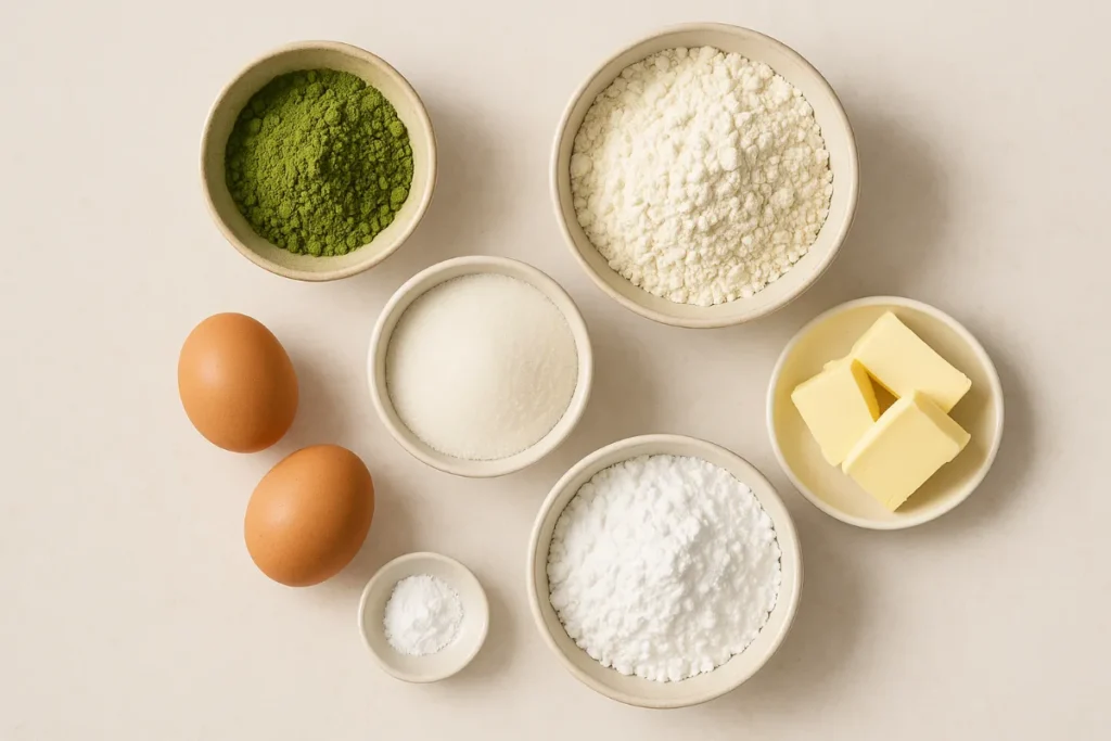 matcha crinkle cookie ingredients flat lay