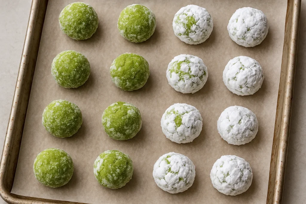 sugar-coated matcha crinkle cookie dough on baking sheet