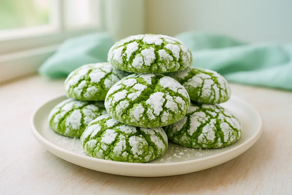 matcha crinkle cookies stacked on a ceramic plate with powdered sugar