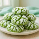 matcha crinkle cookies stacked on a ceramic plate with powdered sugar