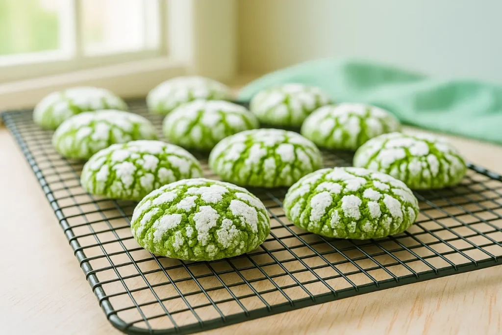 baked matcha crinkle cookies cooling on rack