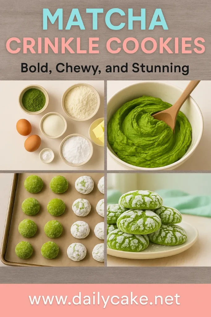 pinterest pin graphic showing matcha crinkle cookie steps and title