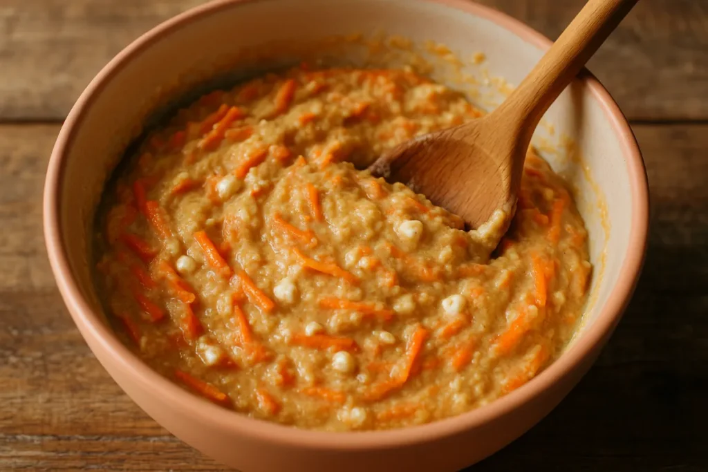 batter for cottage cheese carrot cake muffins being stirred with grated carrots visible