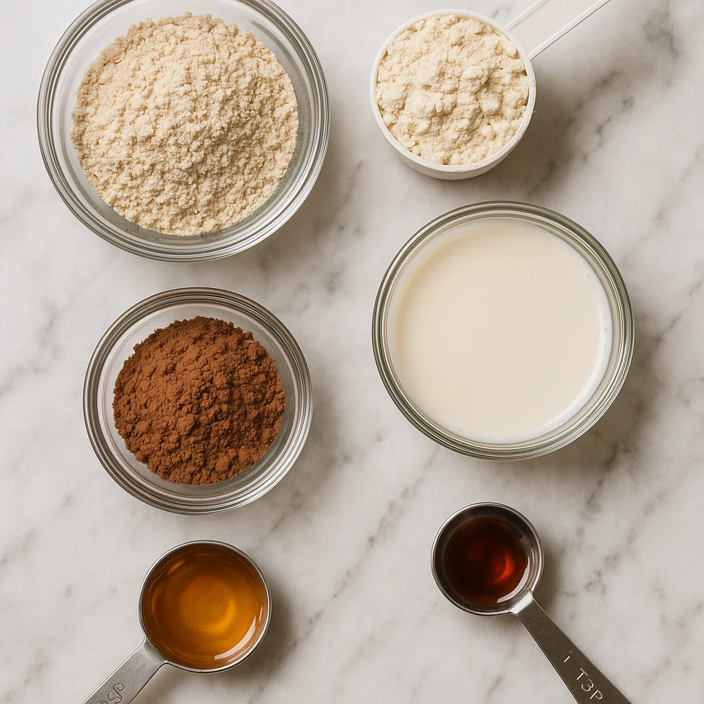 Ingredients for mug cake protein recipe laid out on counter