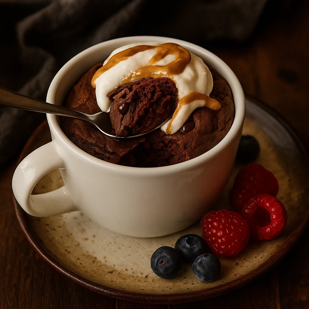 Protein mug cake topped with yogurt and almond butter