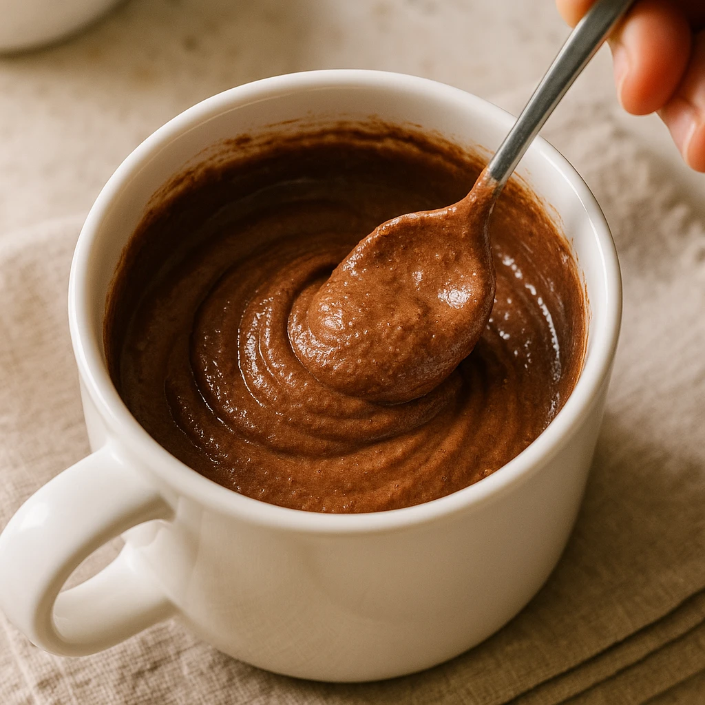 Mixing protein mug cake batter in a white mug