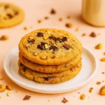 stacked pistachio chocolate chip cookies with melting chocolate