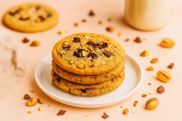 Pistachio Chocolate Chip Cookies: Deliciously Soft & Buttery 8 stacked pistachio chocolate chip cookies with melting chocolate