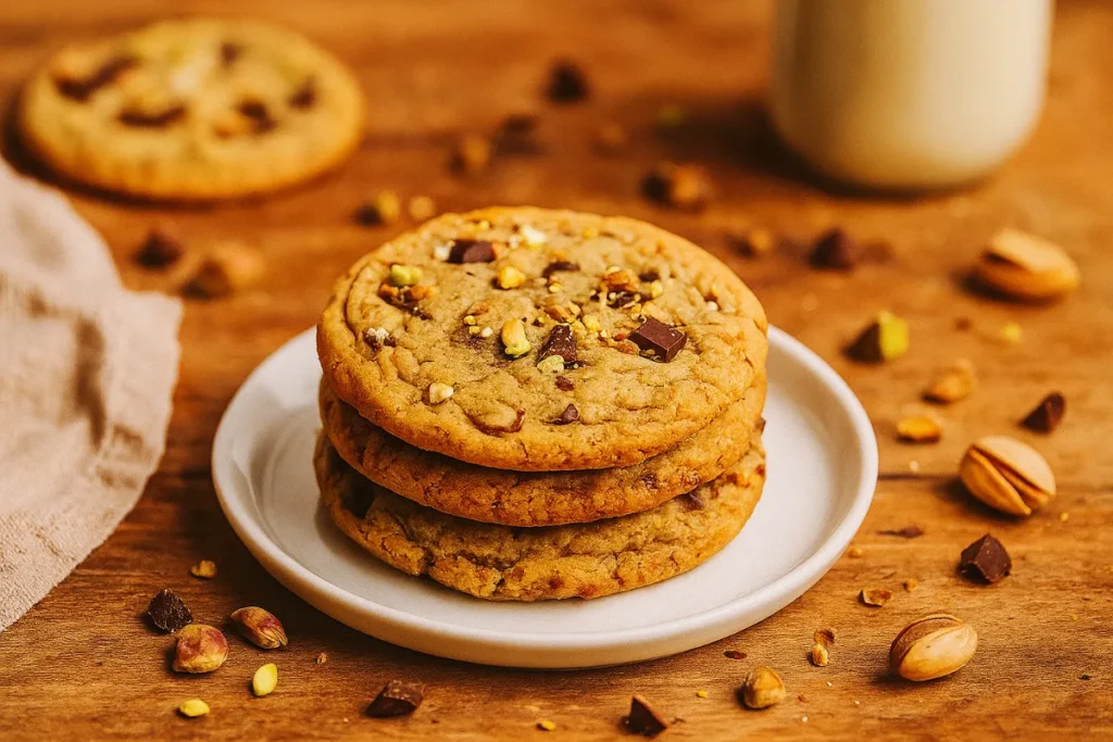 pistachio chocolate chip cookies on wooden table