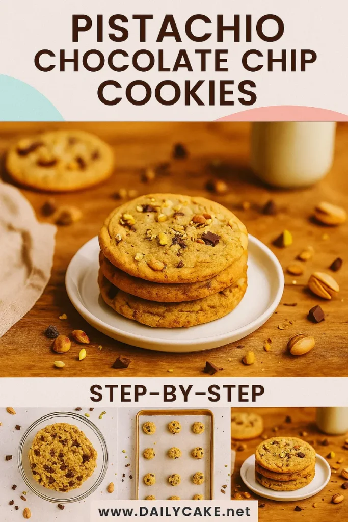 tall pinterest graphic showing step-by-step pistachio chocolate chip cookies recipe