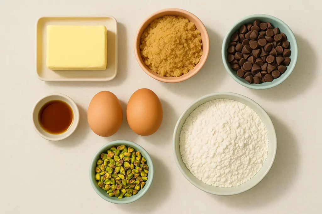 pistachio chocolate chip cookie ingredients laid out