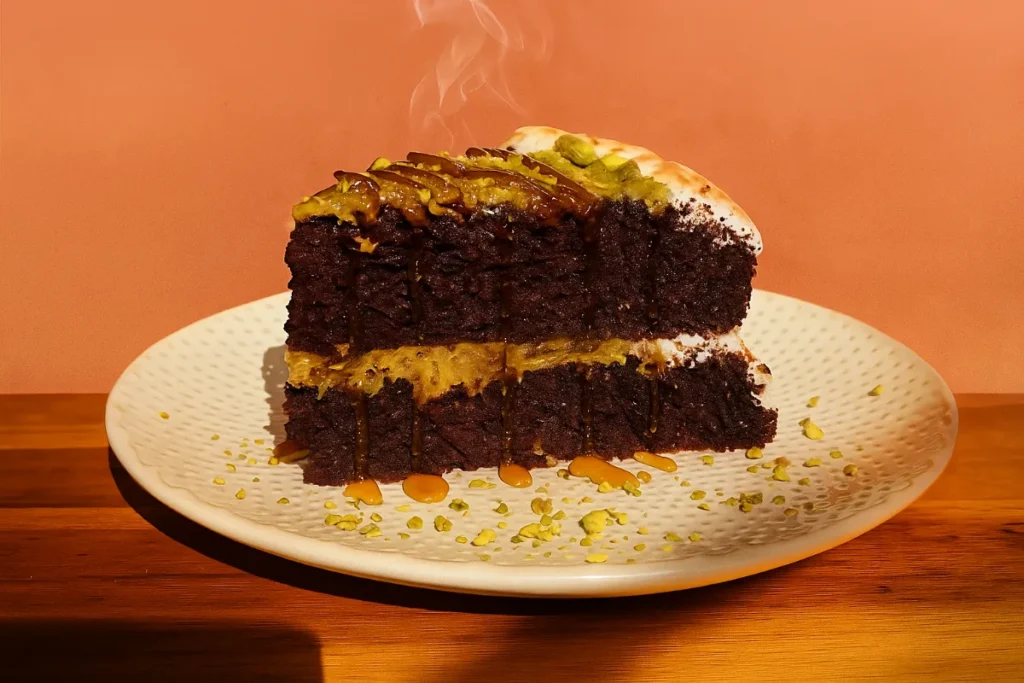 final chocolate pistachio kataifi cake slice ready to serve