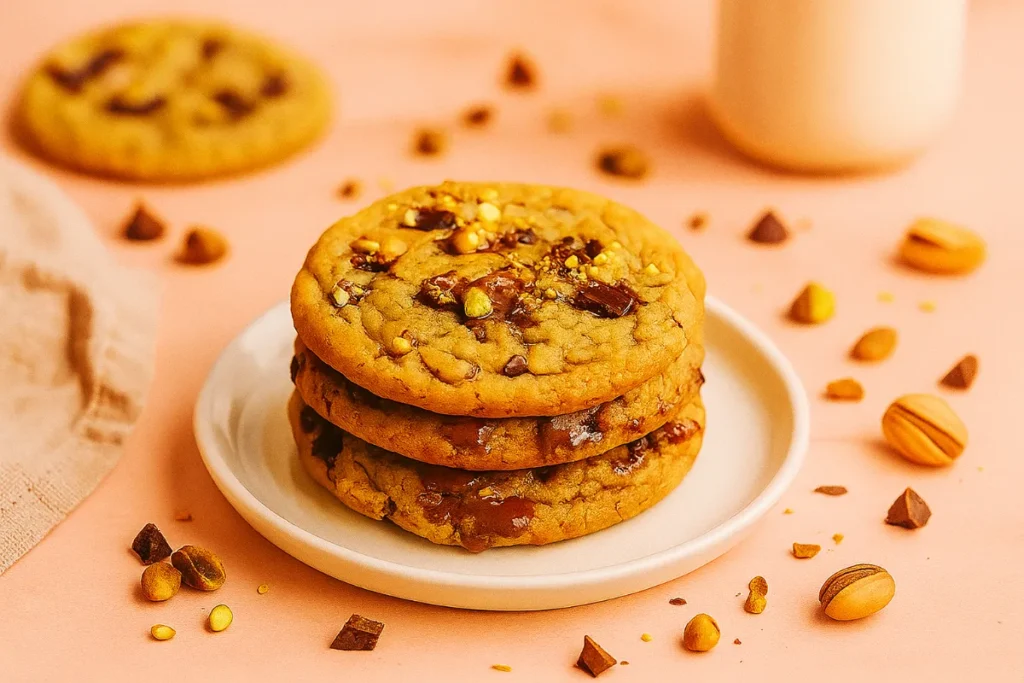 stacked pistachio chocolate chip cookies with melting chocolate