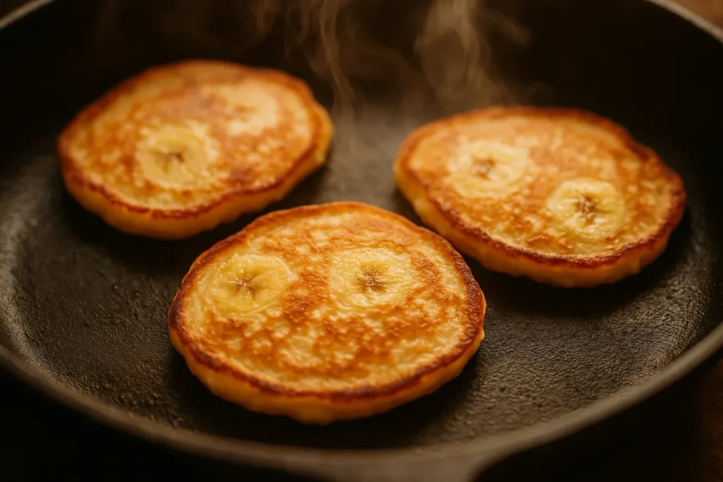 cottage cheese banana pancakes cooking on skillet
