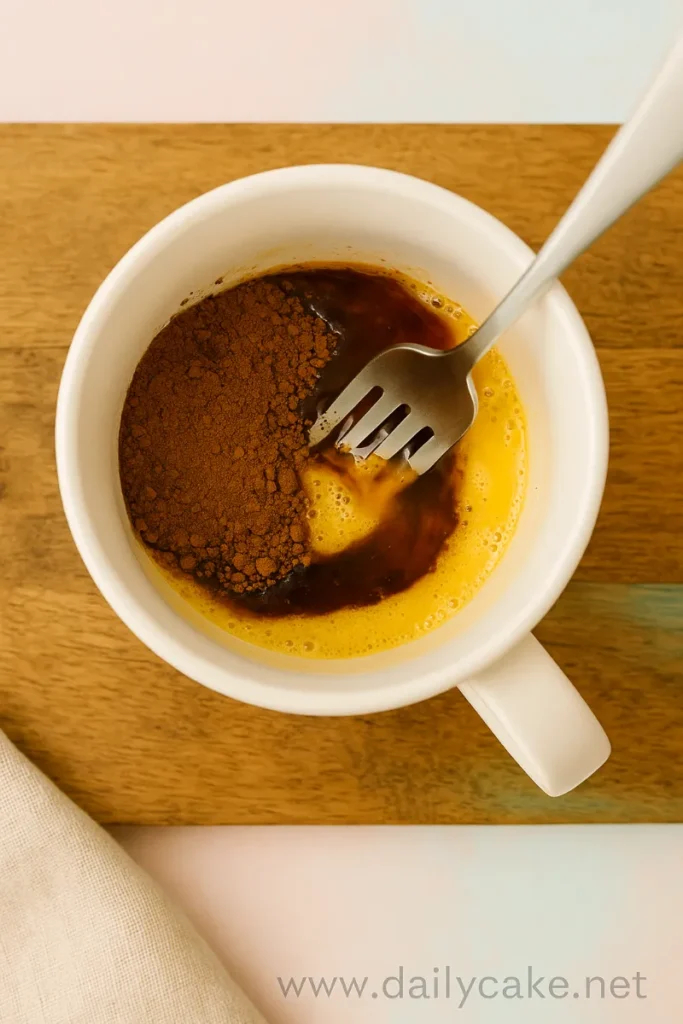 Mixing cocoa powder and maple syrup into mug cake batter