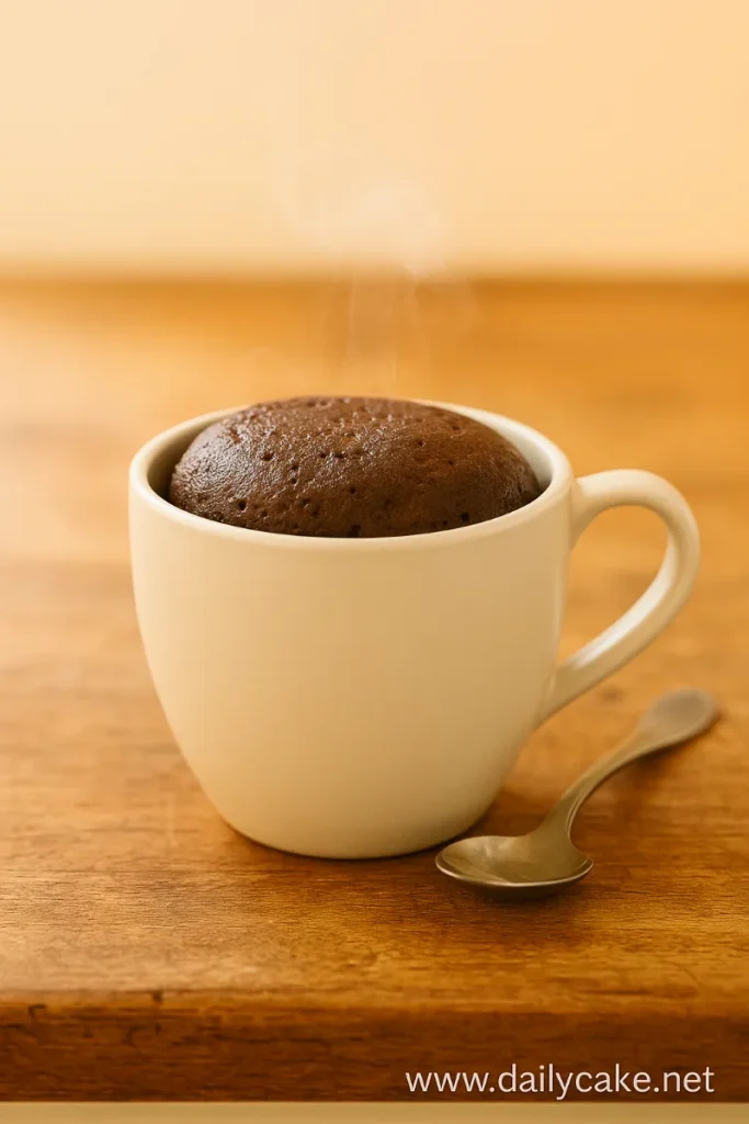 Freshly cooked 3 ingredient mug cake resting before serving