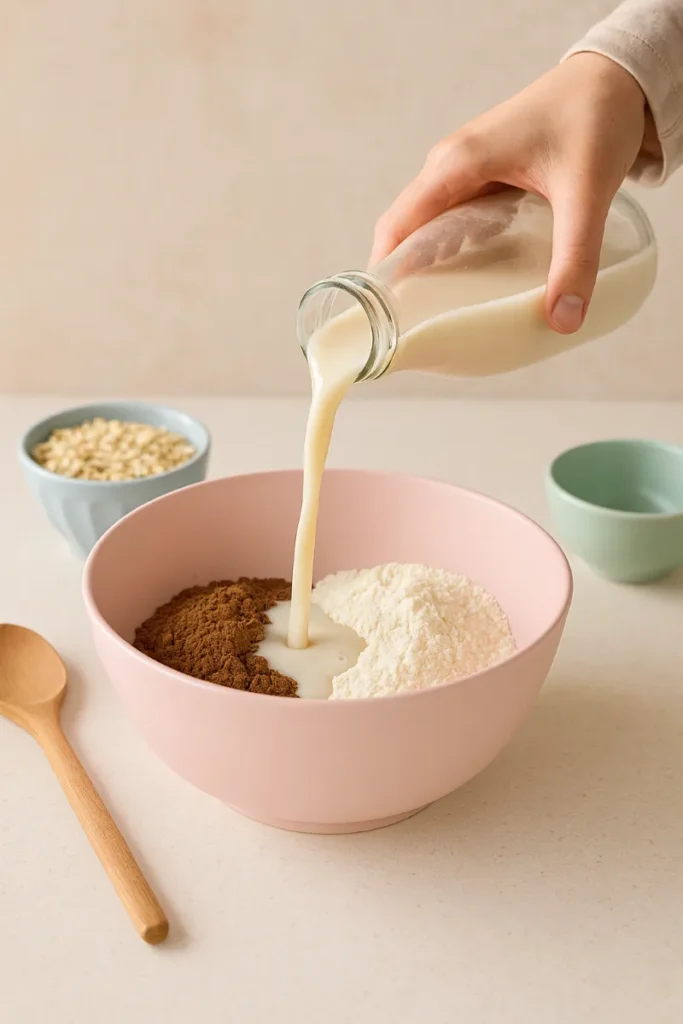 pouring plant-based milk into mixing bowl for baking