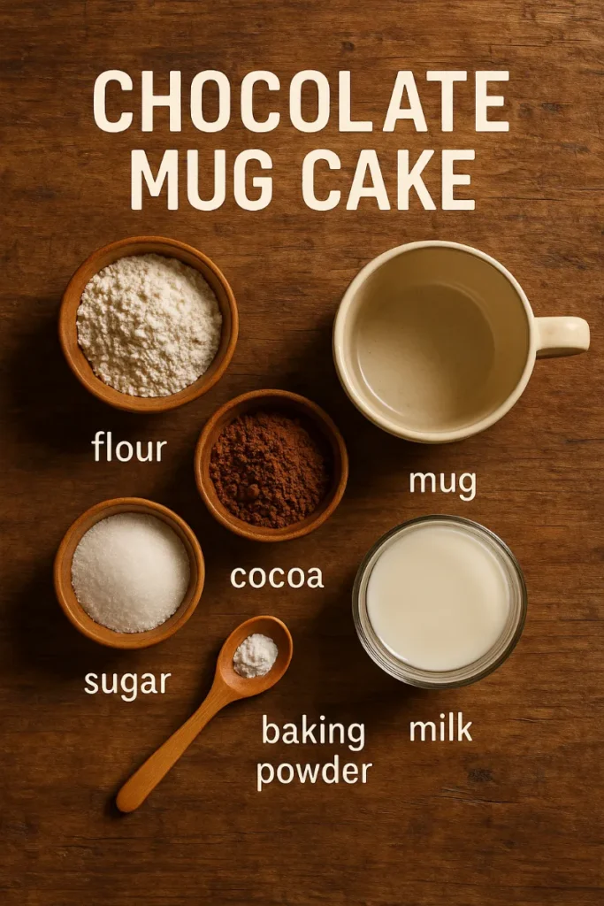 chocolate mug cake ingredients on wooden table