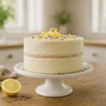 Citrus-lavender vegan cake with lemon curd and lavender frosting on cake stand