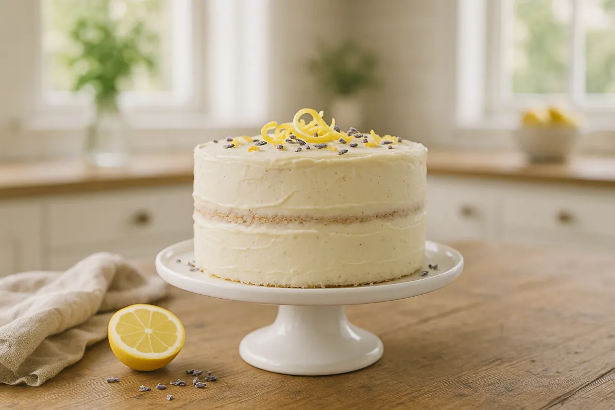 Citrus-lavender vegan cake with lemon curd and lavender frosting on cake stand
