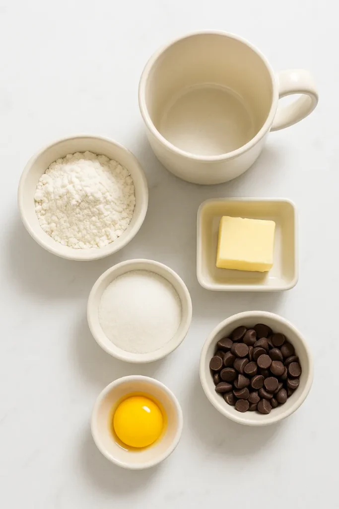 cookie mug cake ingredients on white counter