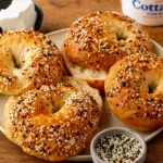 Freshly baked cottage cheese bagels on breakfast table.