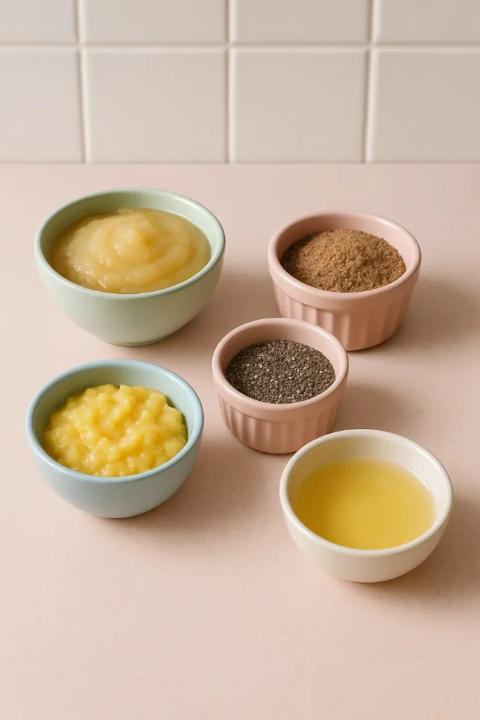 egg substitutes ingredients for chocolate cake on pastel kitchen counter