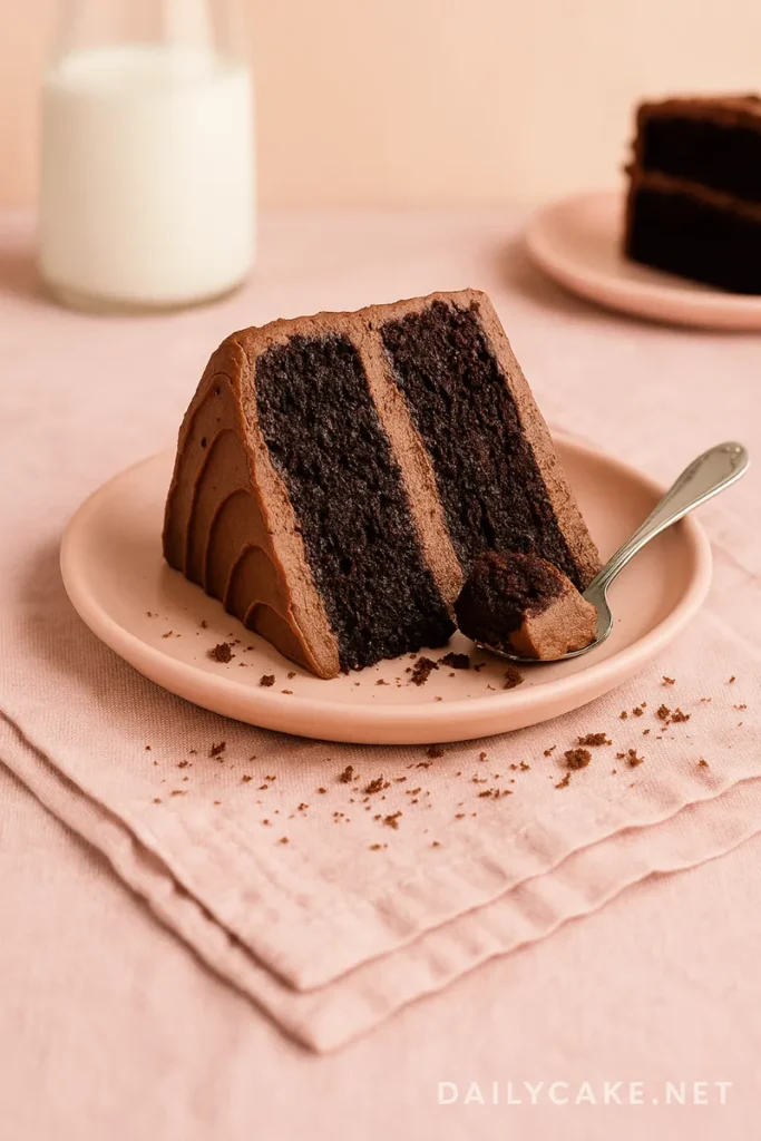 slice of gluten-free vegan chocolate cake on pastel plate