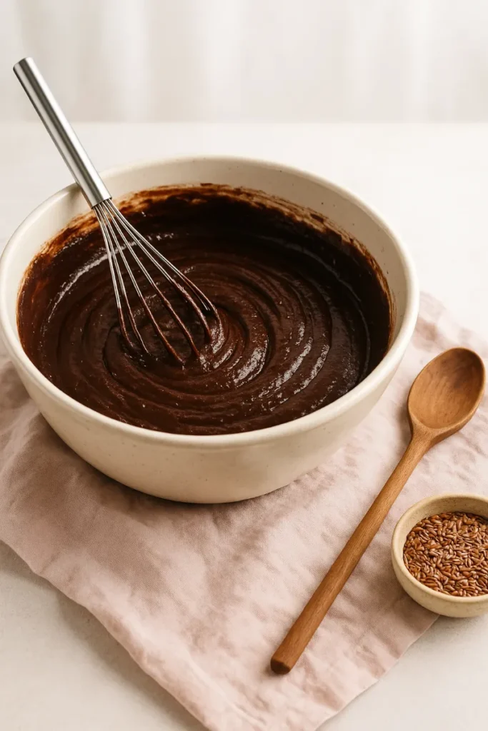 mixing vegan chocolate cake batter in bowl