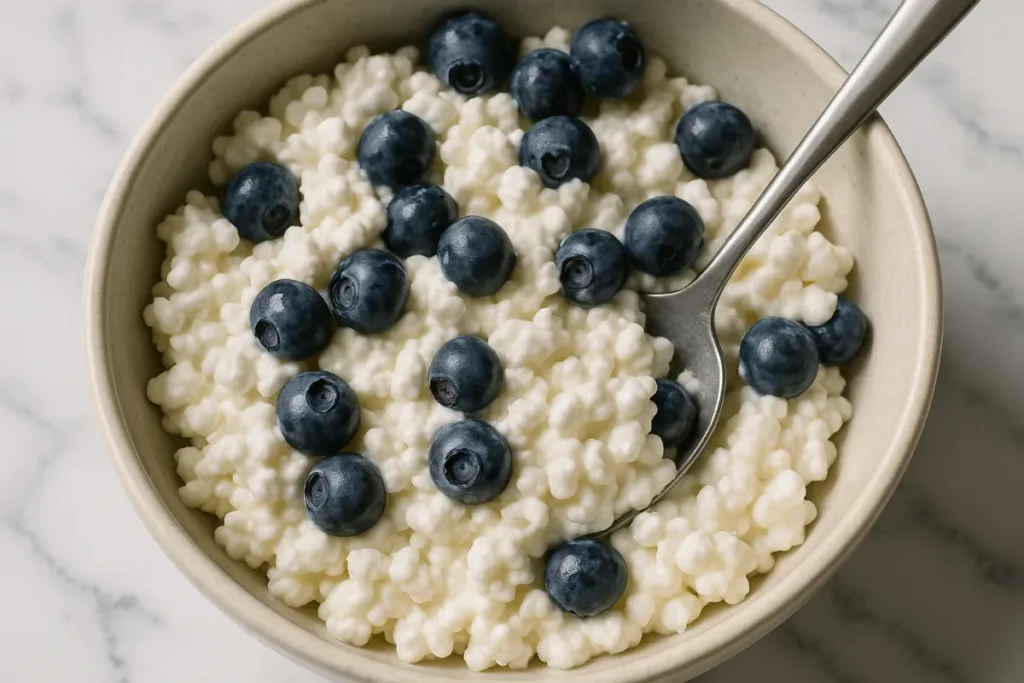 mixing blueberry cottage cheese in bowl
