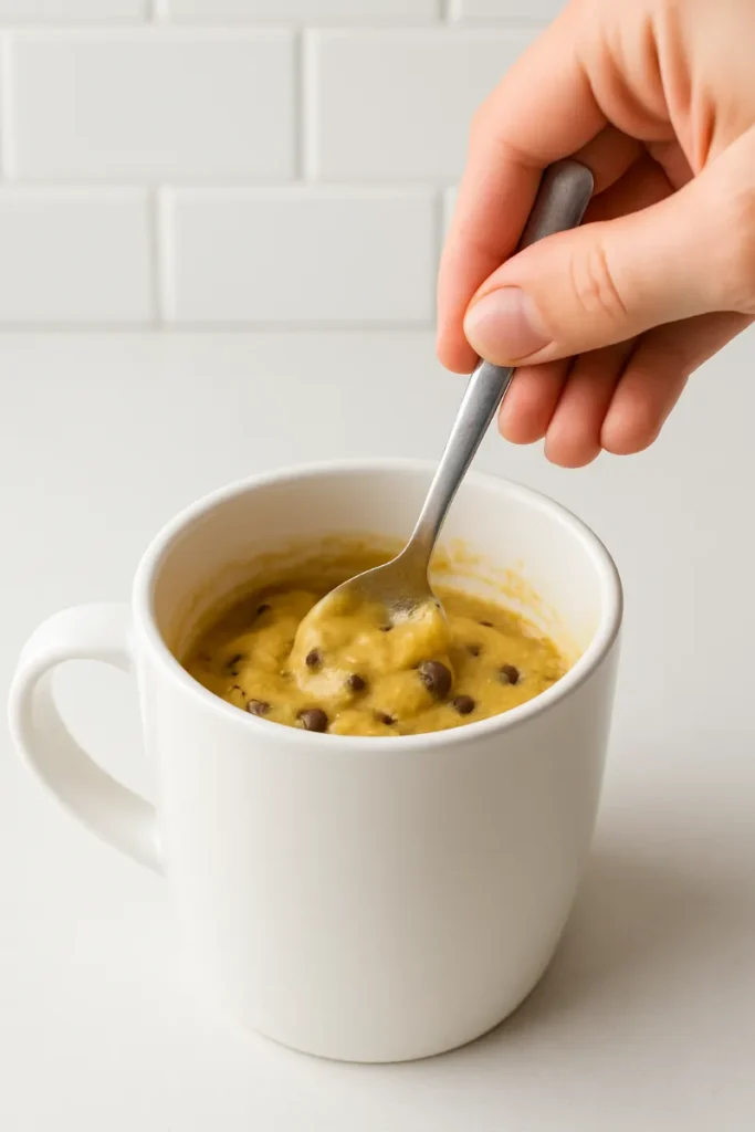 mixing cookie mug cake batter in mug