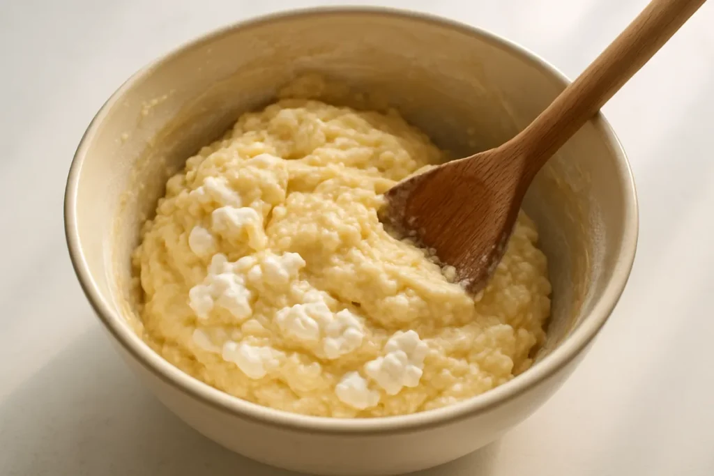 Mixing cottage cheese bagel dough in a bowl.
