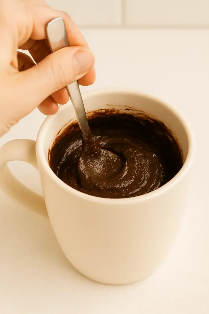 mixing vegan mug cake batter in mug