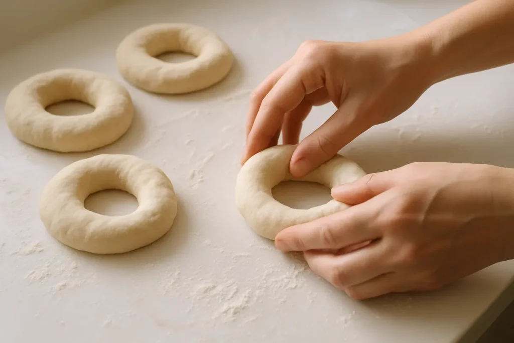Shaping cottage cheese bagel dough into rings.
