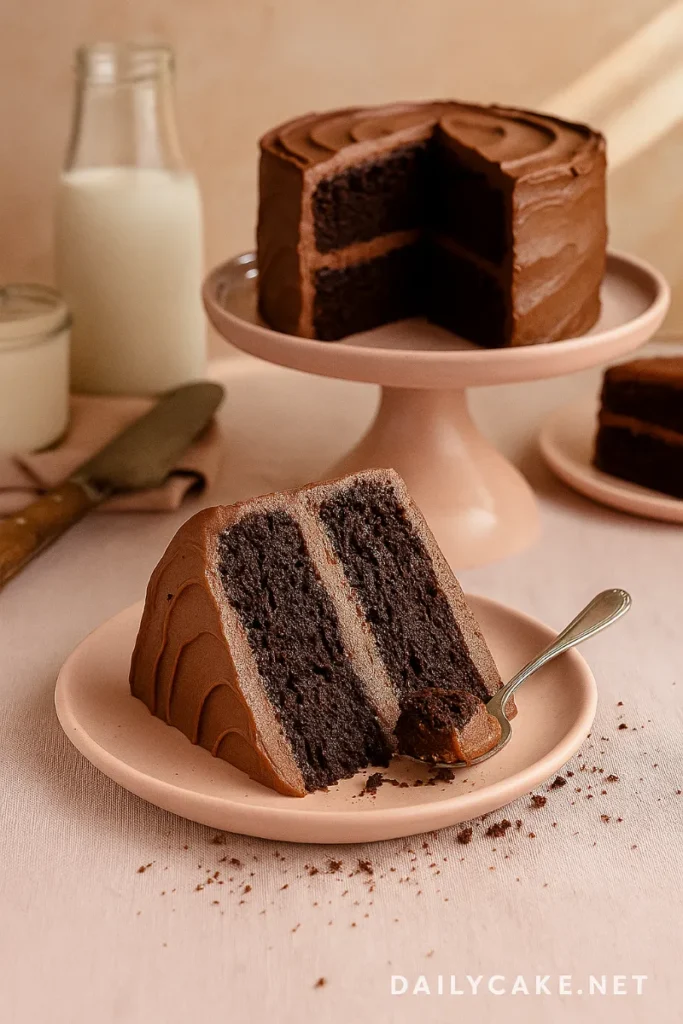 sliced gluten-free vegan chocolate cake on cake stand