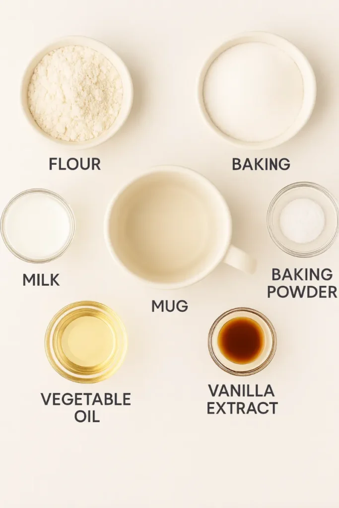 vanilla mug cake ingredients on white counter
