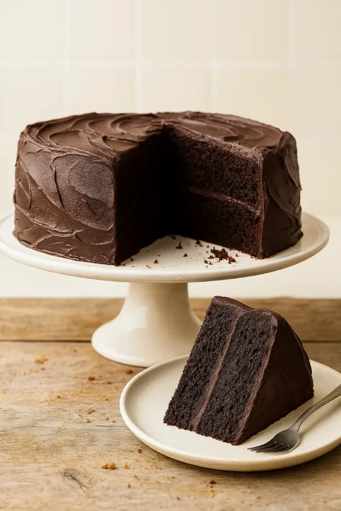 vegan chocolate cake on cake stand with slice served