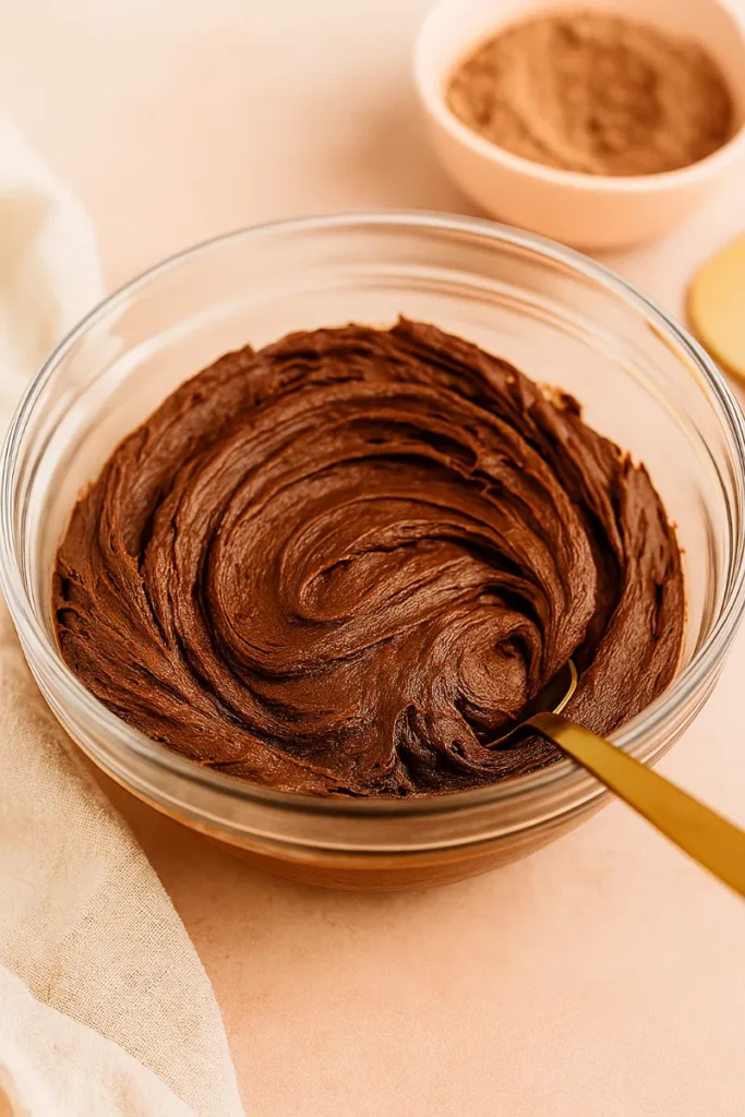 spoon swirling vegan chocolate frosting in ceramic bowl
