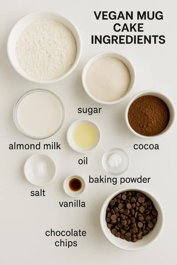 vegan mug cake ingredients on white countertop