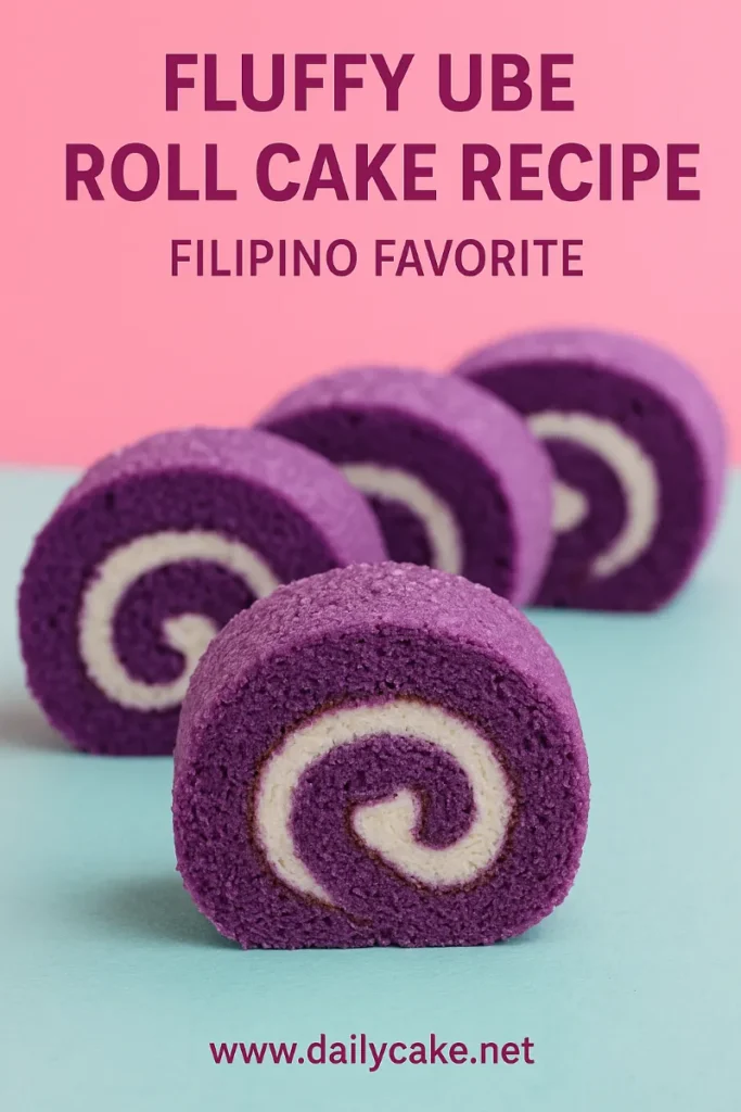 Close-up of sliced purple ube roll cake with a white cream swirl filling, placed on a pastel pink and turquoise background.