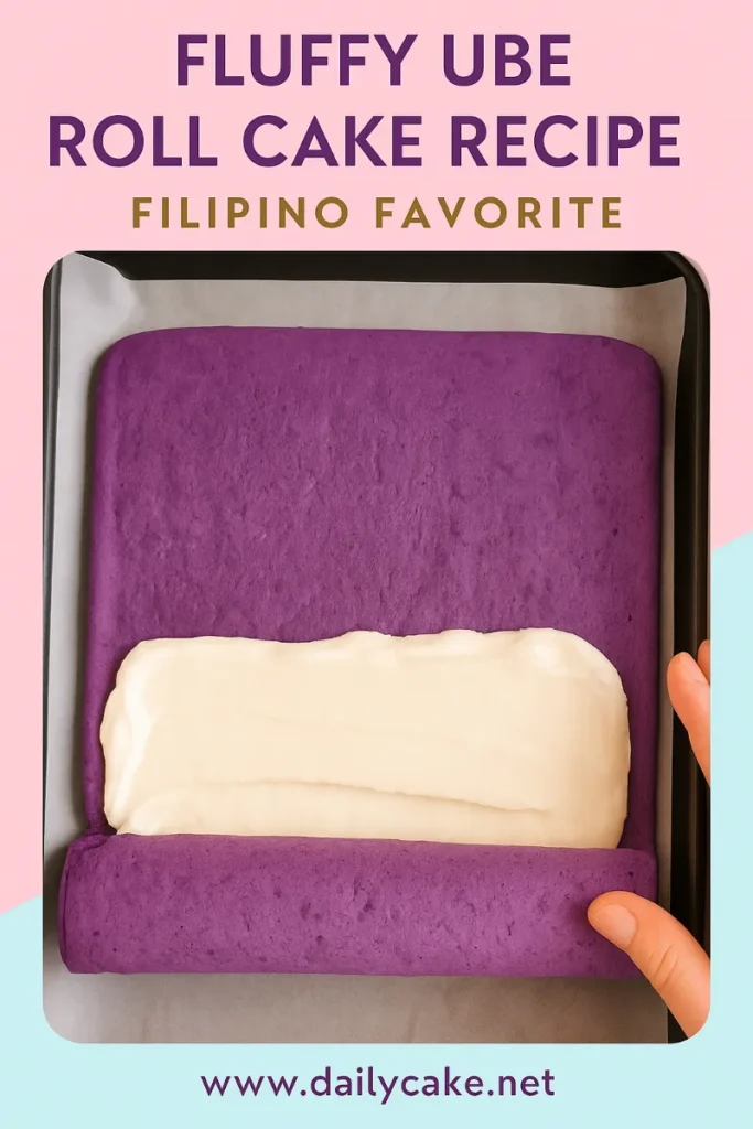 Step photo of making a fluffy ube roll cake, showing creamy white filling spread on top of a purple ube sponge before rolling.