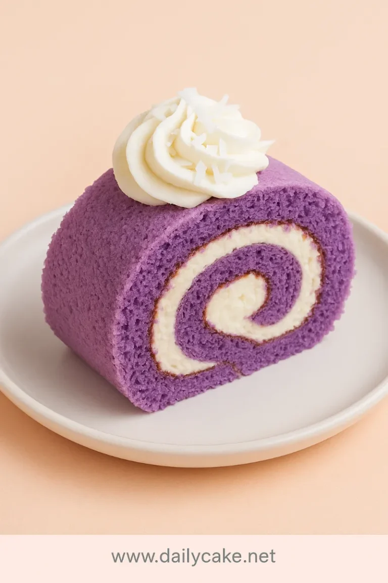 A slice of fluffy ube roll cake with a white cream swirl and piped cream topping, garnished with coconut flakes, served on a white plate.