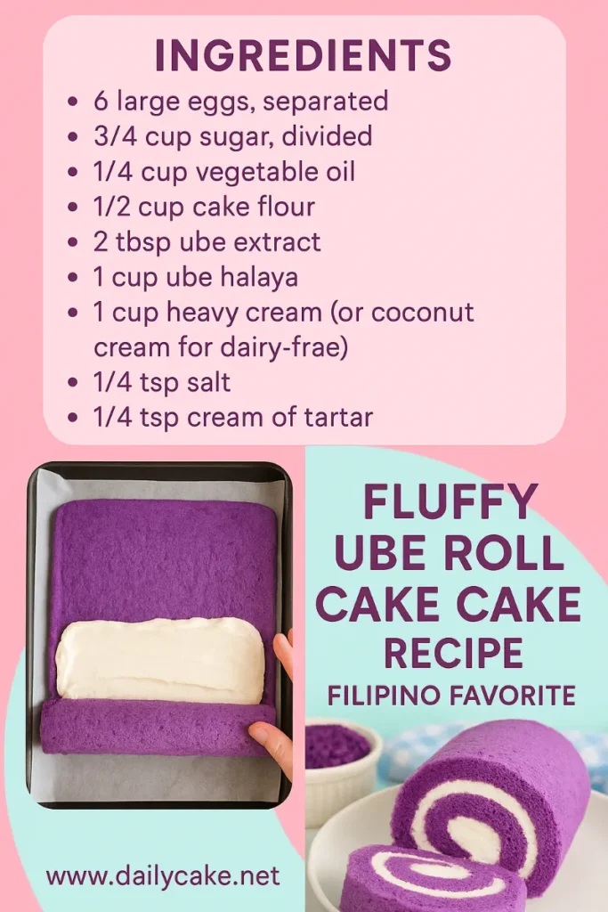 A vertical Pinterest pin showing ingredients for a fluffy ube roll cake, step photo of filling and rolling the cake, and the final swirl-patterned purple ube roll cake on a plate.