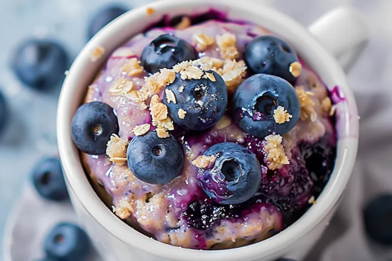 Blueberry mug muffin topped with fresh blueberries and oats in a white mug