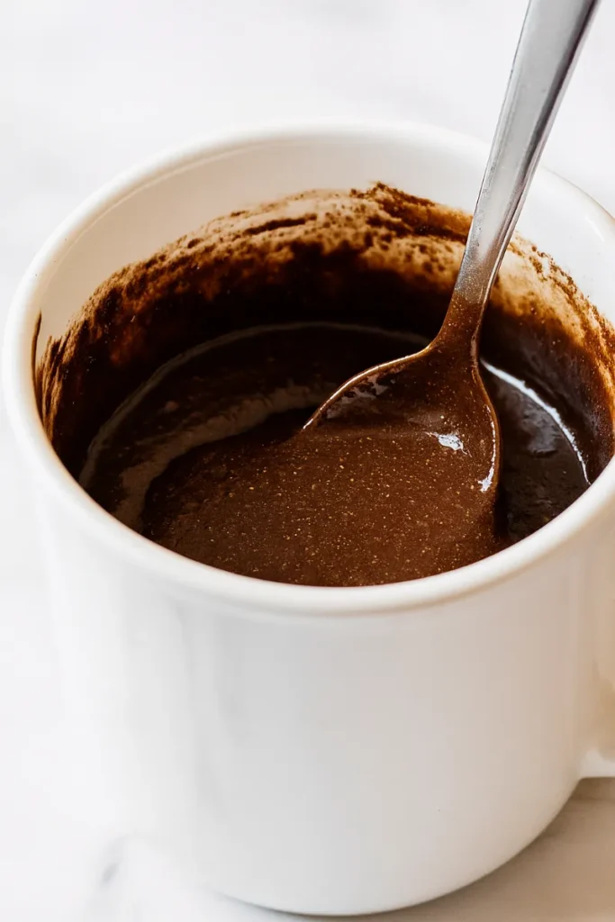 Mixing almond flour and cocoa powder in a mug for healthy mug cake