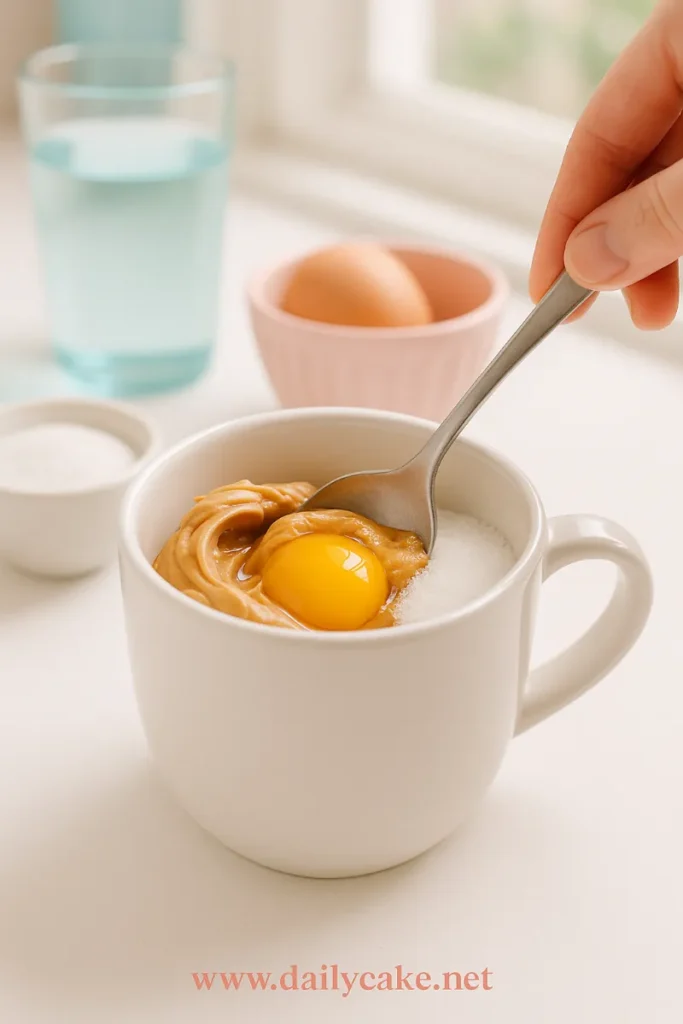 mixing peanut butter mug cake batter in mug