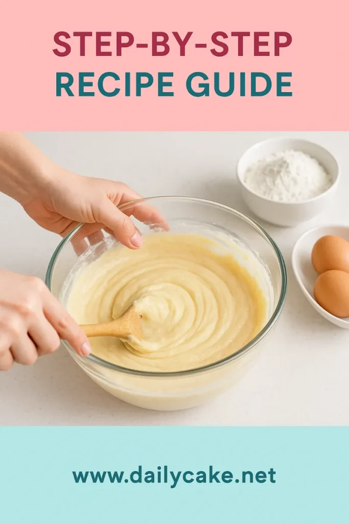 mixing whipped cream cake batter in glass bowl