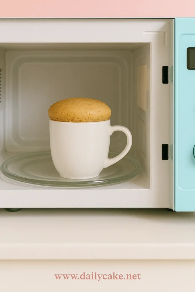 microwaving peanut butter mug cake in white mug