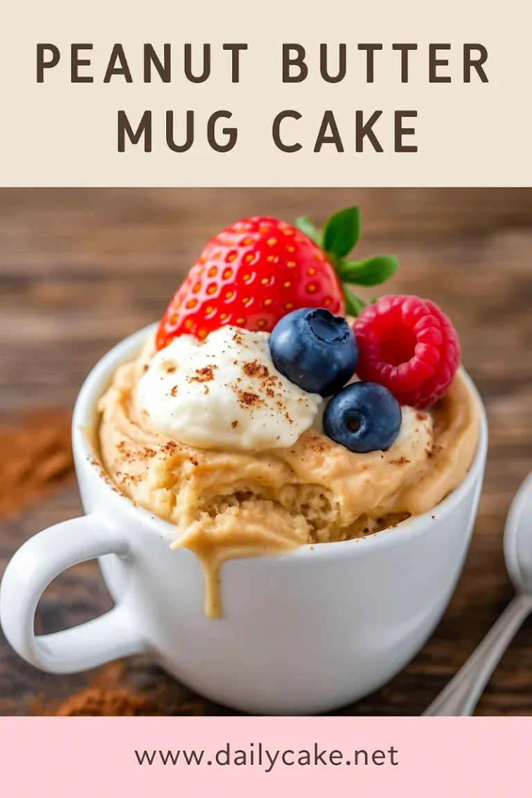 finished peanut butter mug cake topped with whipped cream